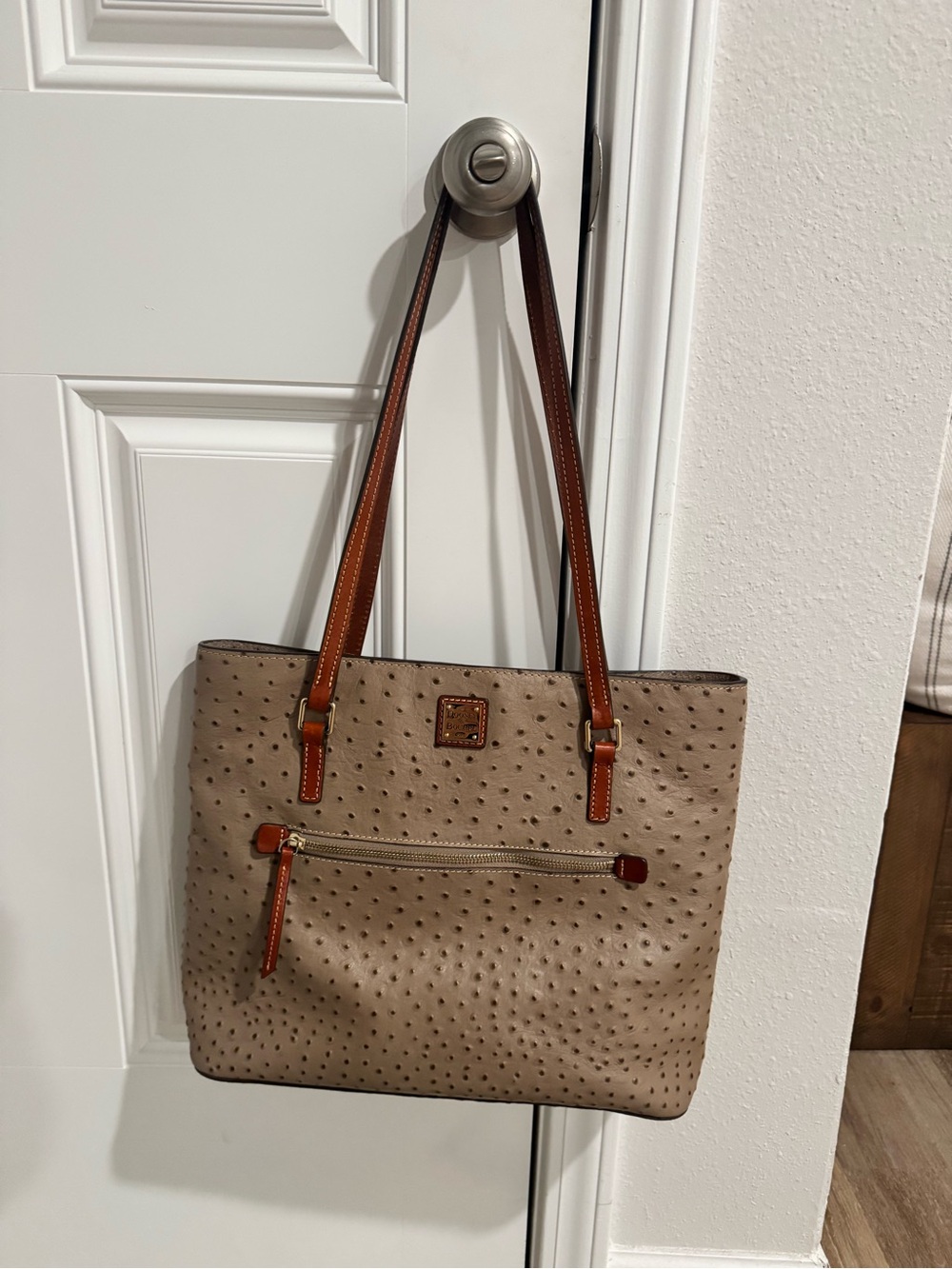 Dooney & Bourke Taupe Ostrich-Embossed Tote with Brown Straps